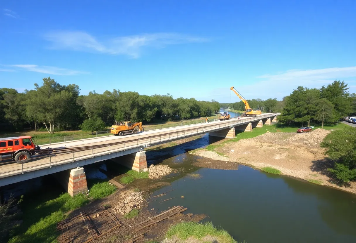 Construction work on bridges over Fourpole Creek in Huntington