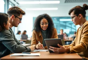 Students collaborating on AI projects in a modern classroom