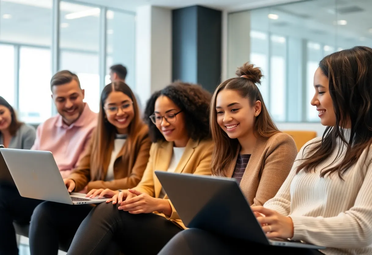 Diverse job seekers utilizing AI tools for interview preparation in a bright workspace.