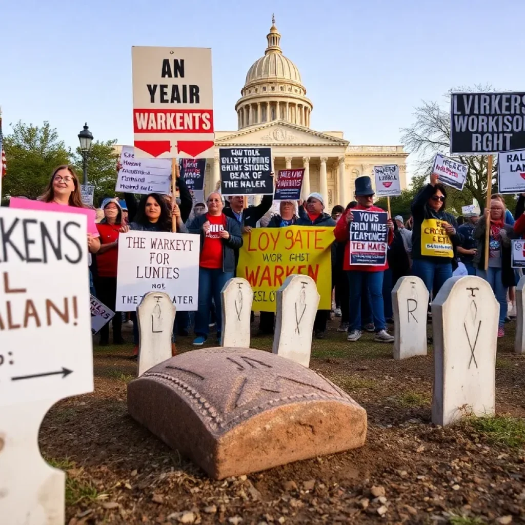 Demonstrators at a Labor Day protest in Phoenix holding signs for workers' rights.