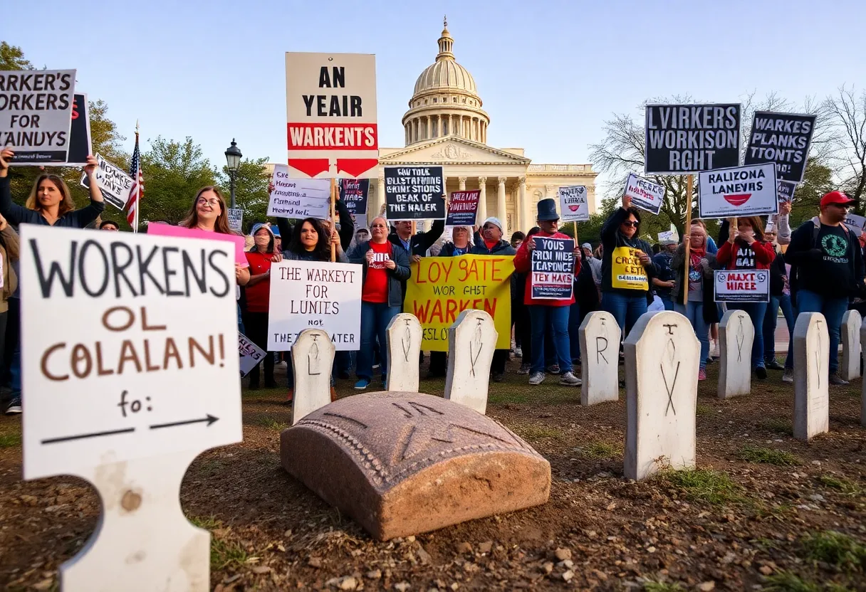 Demonstrators at a Labor Day protest in Phoenix holding signs for workers' rights.