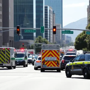 Emergency vehicles at a busy intersection in Phoenix.