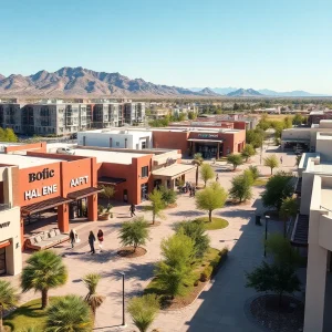 Conceptual rendering of Legacy Park in Phoenix, featuring retail and recreation areas.