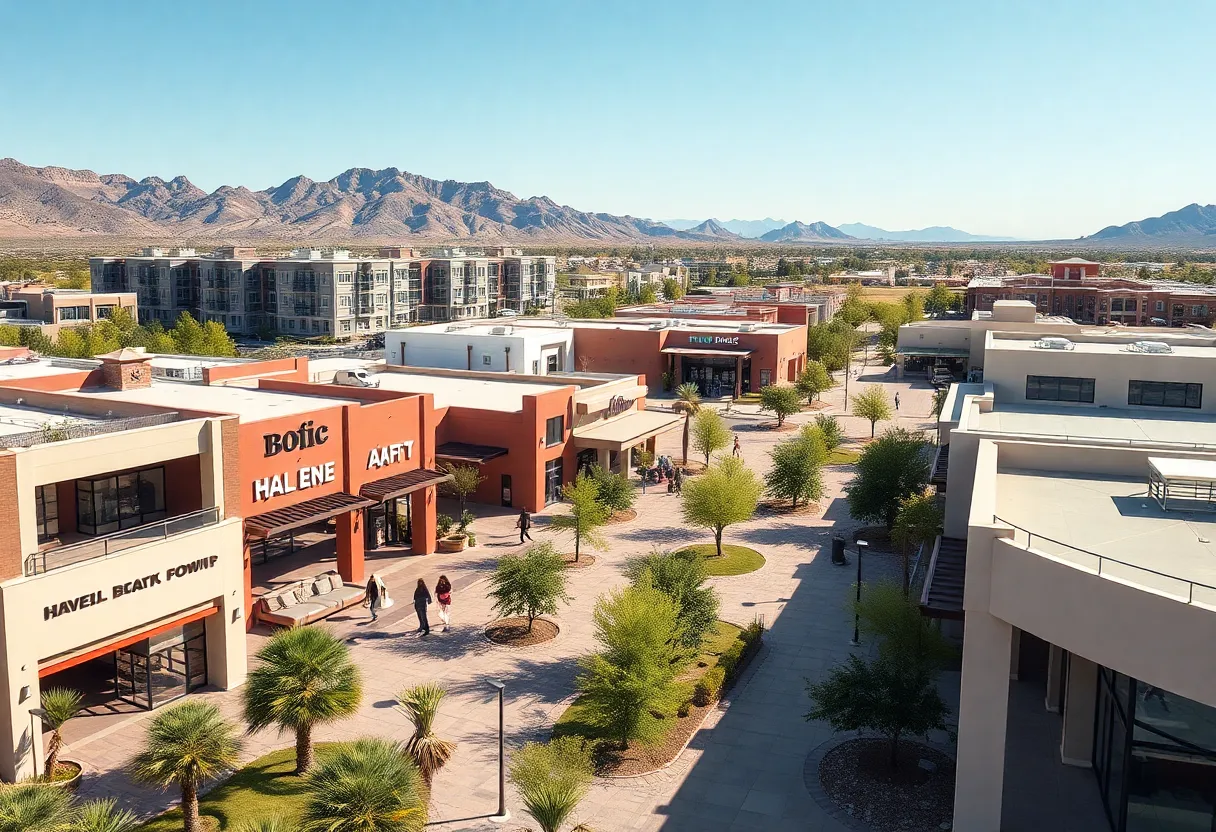 Conceptual rendering of Legacy Park in Phoenix, featuring retail and recreation areas.