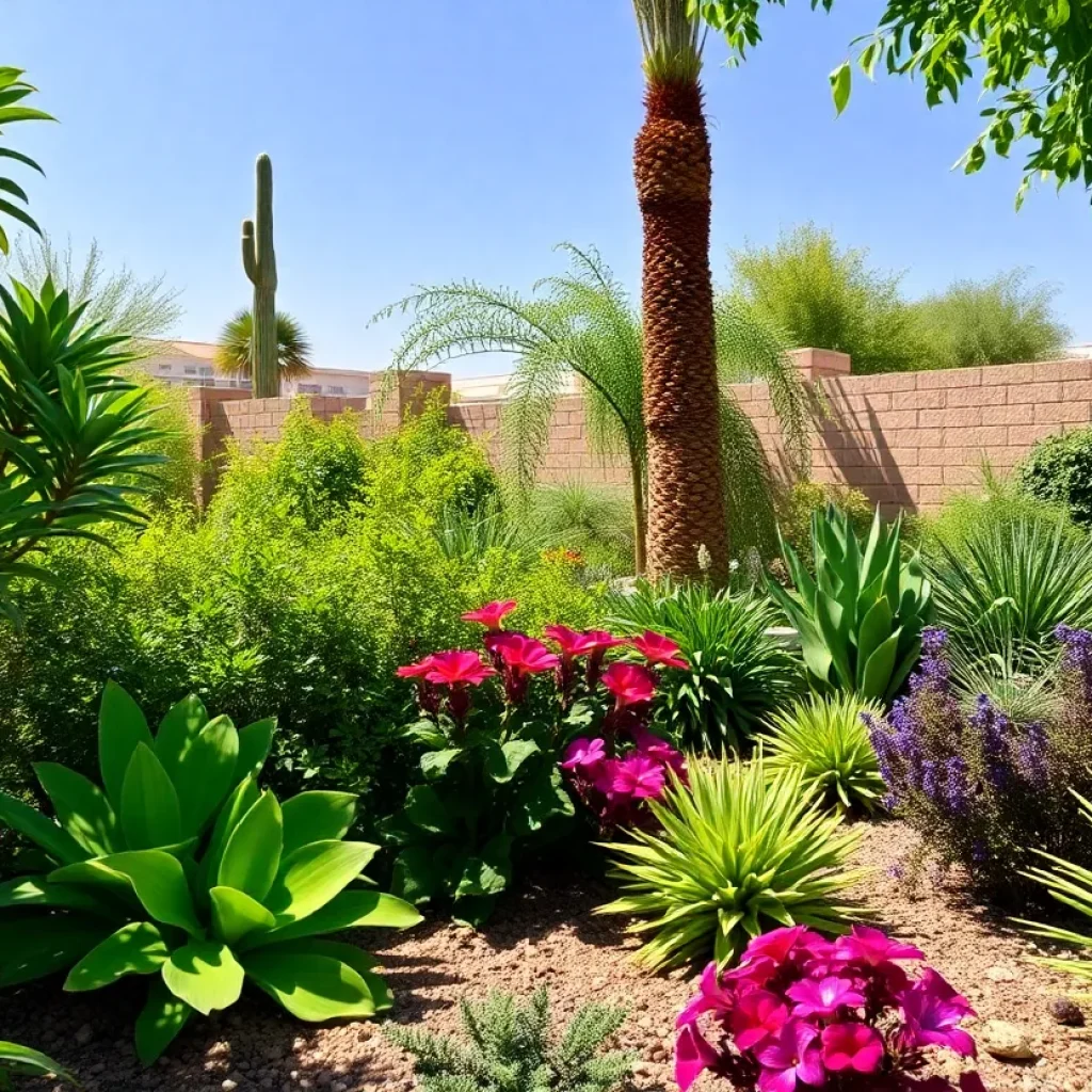 Lush garden in Phoenix with heat-tolerant plants and shade structures.
