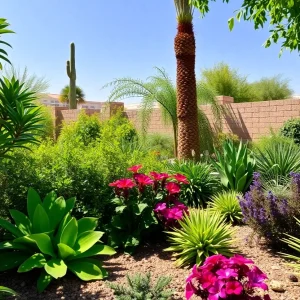 Lush garden in Phoenix with heat-tolerant plants and shade structures.