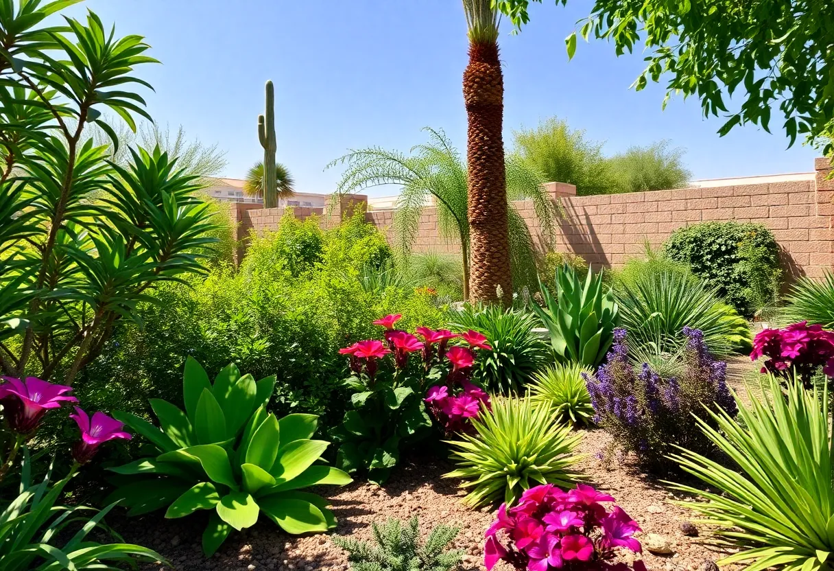 Lush garden in Phoenix with heat-tolerant plants and shade structures.