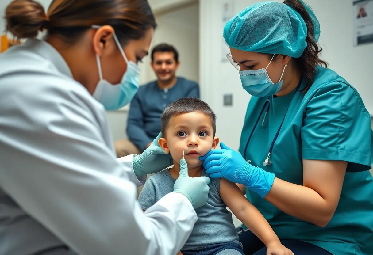 Child receiving measles vaccine at clinic