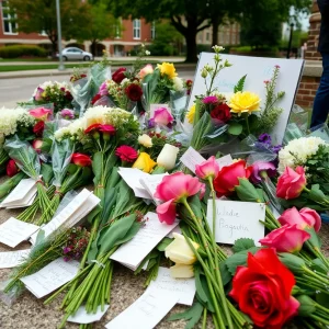 Makeshift memorial at a university with flowers and messages