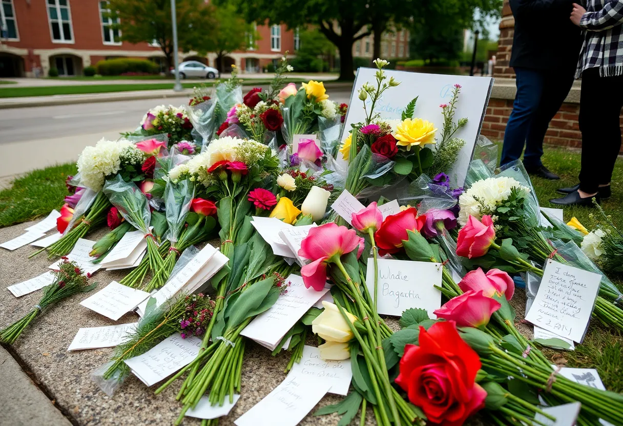 Makeshift memorial at a university with flowers and messages