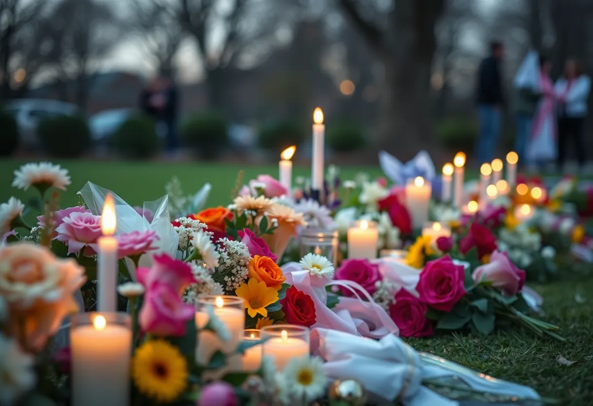 A tranquil outdoor memorial scene with candles and flowers.