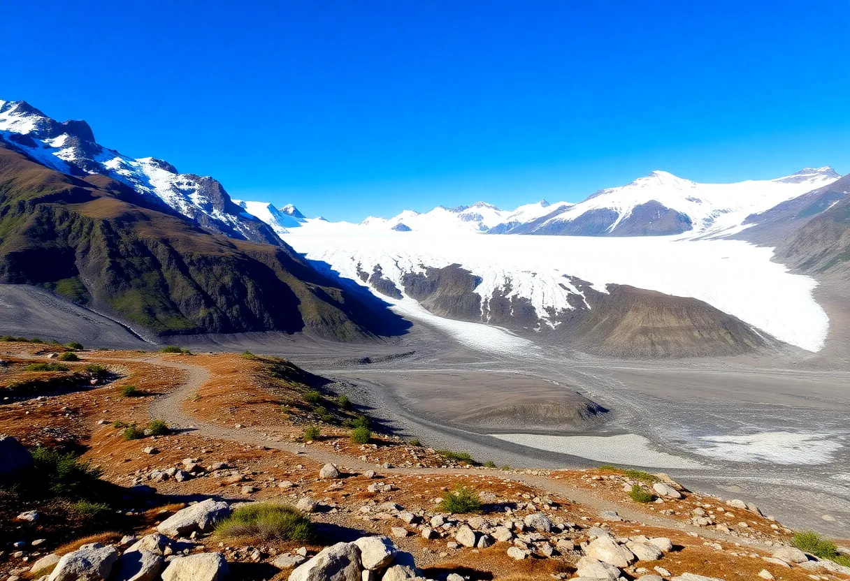 Scenic view of Mendenhall Glacier with hiking trails in Alaska