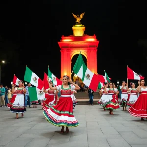 Celebration of Mexican Independence Day with traditional dancers and the Mexican flag.