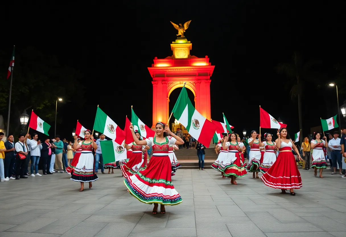 Celebration of Mexican Independence Day with traditional dancers and the Mexican flag.