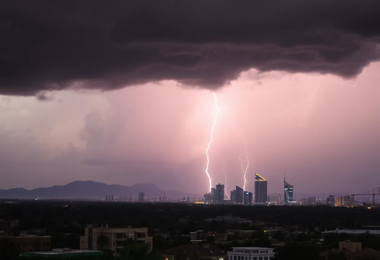 Dark clouds and lightning during monsoon thunderstorms in Phoenix
