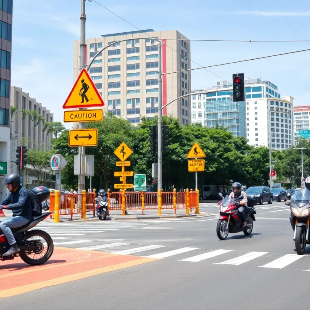 Intersection showing motorcycle safety signage