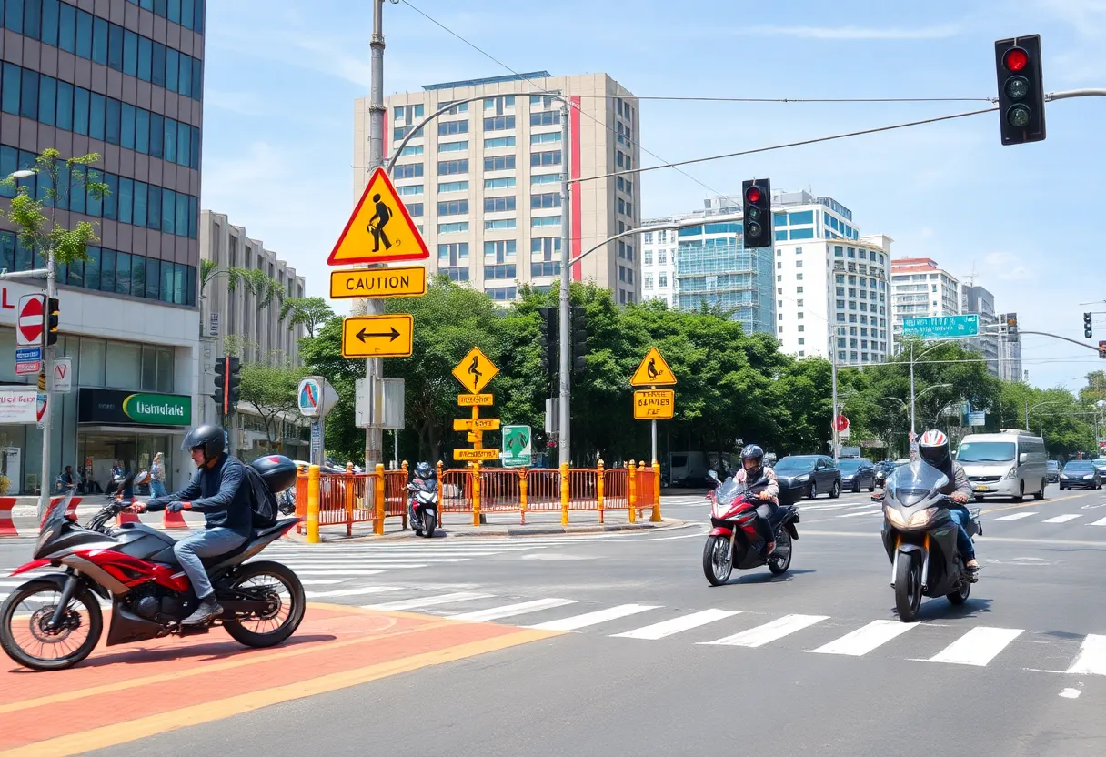 Intersection showing motorcycle safety signage