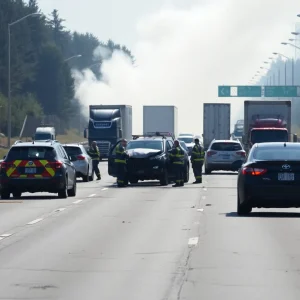 Emergency responders at the site of a multivehicle collision on a highway.