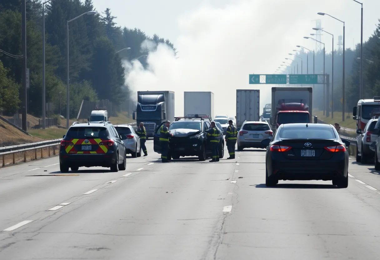 Emergency responders at the site of a multivehicle collision on a highway.