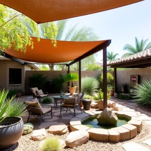 Stunning outdoor oasis in Phoenix with lush greenery and relaxing water features.