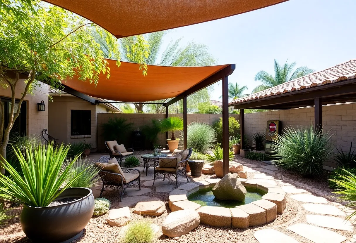 Stunning outdoor oasis in Phoenix with lush greenery and relaxing water features.