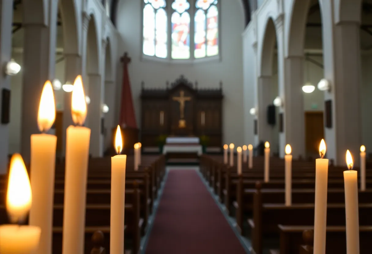 A candle-lit church interior symbolizing remembrance.