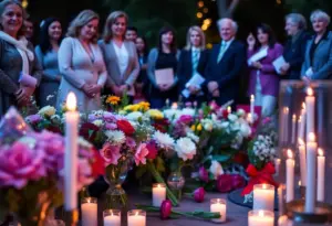 A memorial gathering honoring Patricia Erb with flowers and candles.