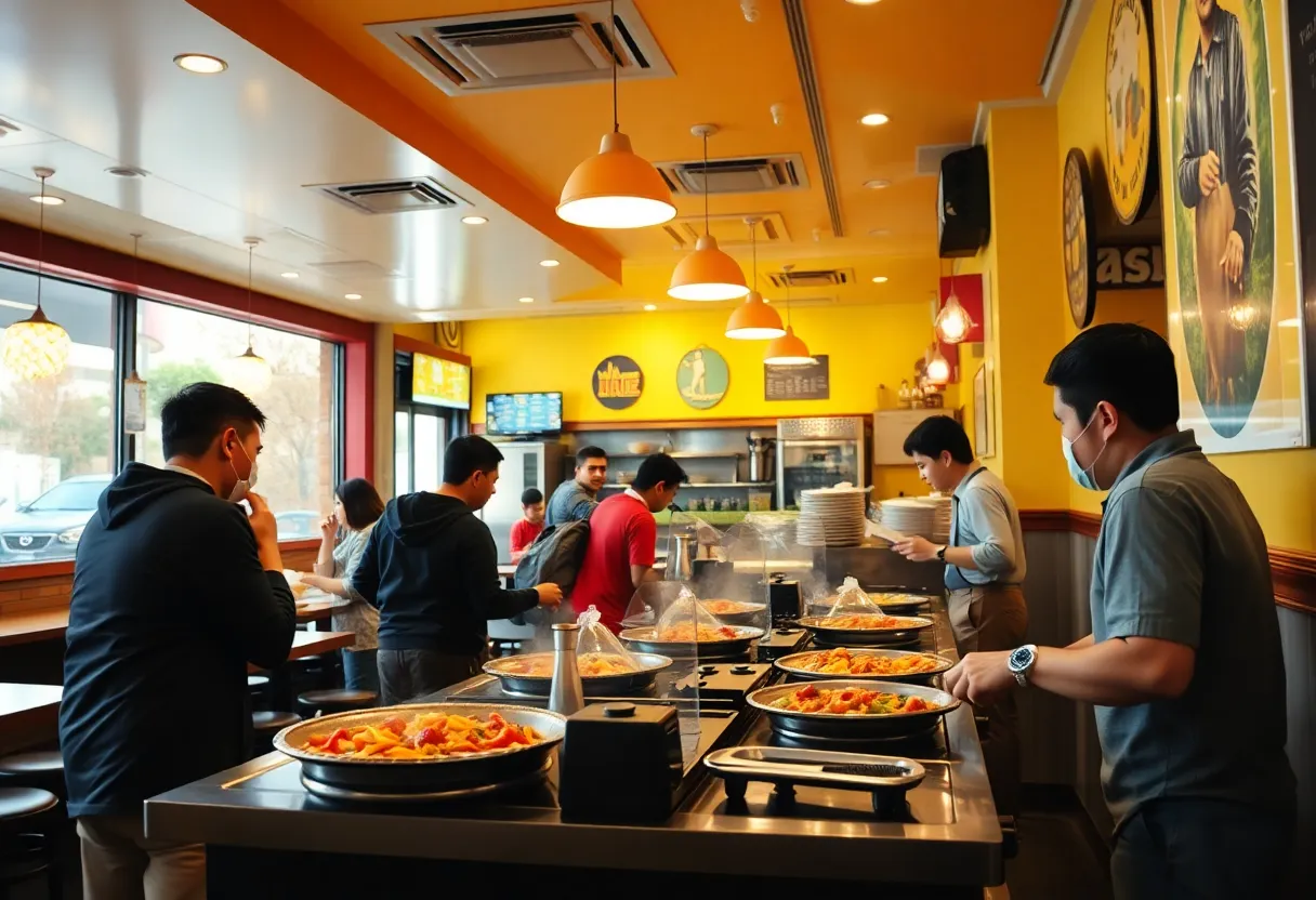 Interior view of Pepper Lunch restaurant with customers enjoying meals.