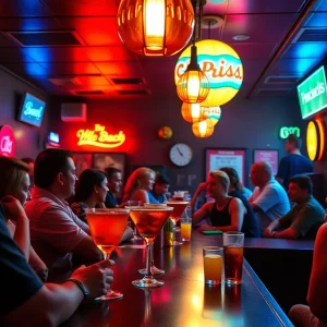 Vibrant 1990s bar scene in Phoenix showcasing cocktails and patrons.