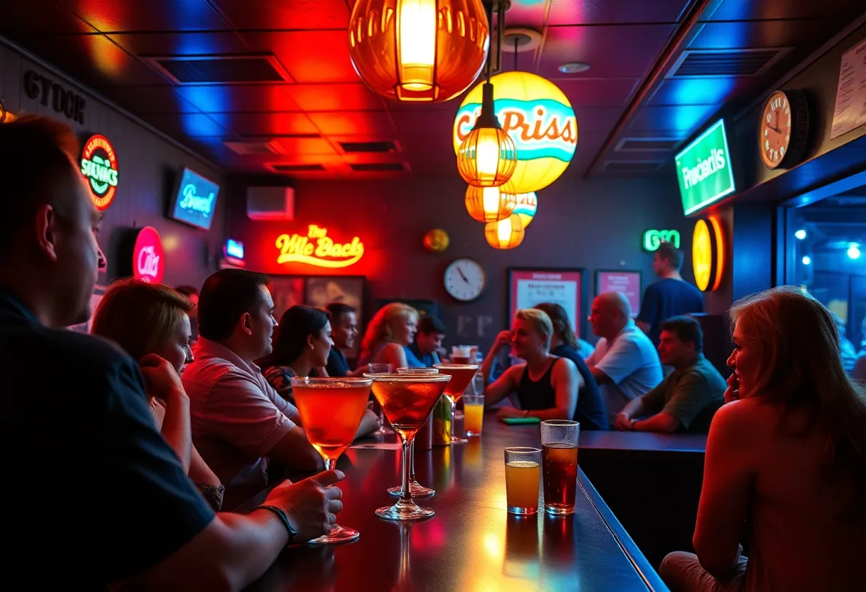 Vibrant 1990s bar scene in Phoenix showcasing cocktails and patrons.