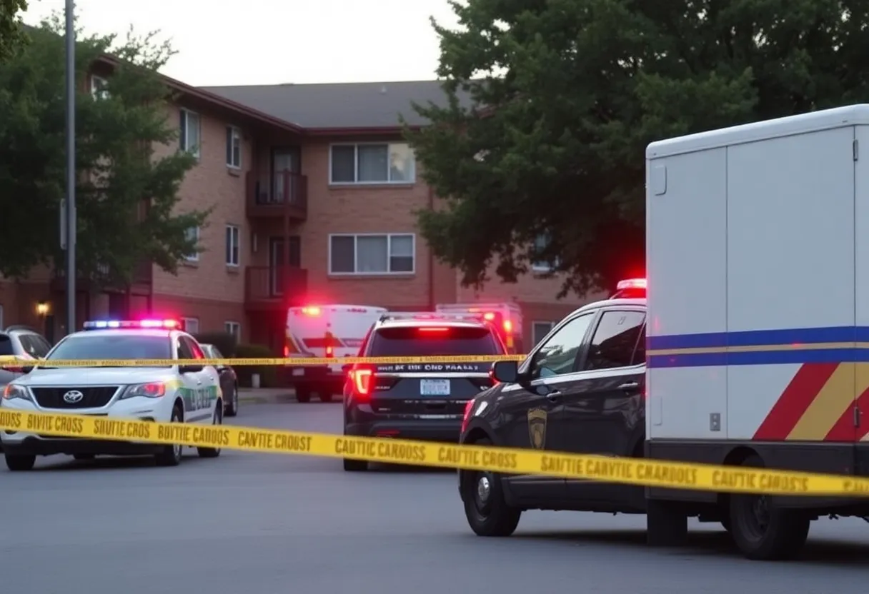 Police vehicles at the scene of a shooting in a Phoenix apartment complex