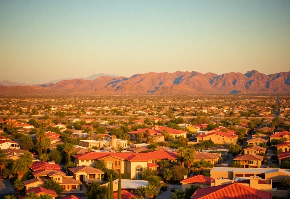 Cityscape of Phoenix with mountains and residential neighborhoods