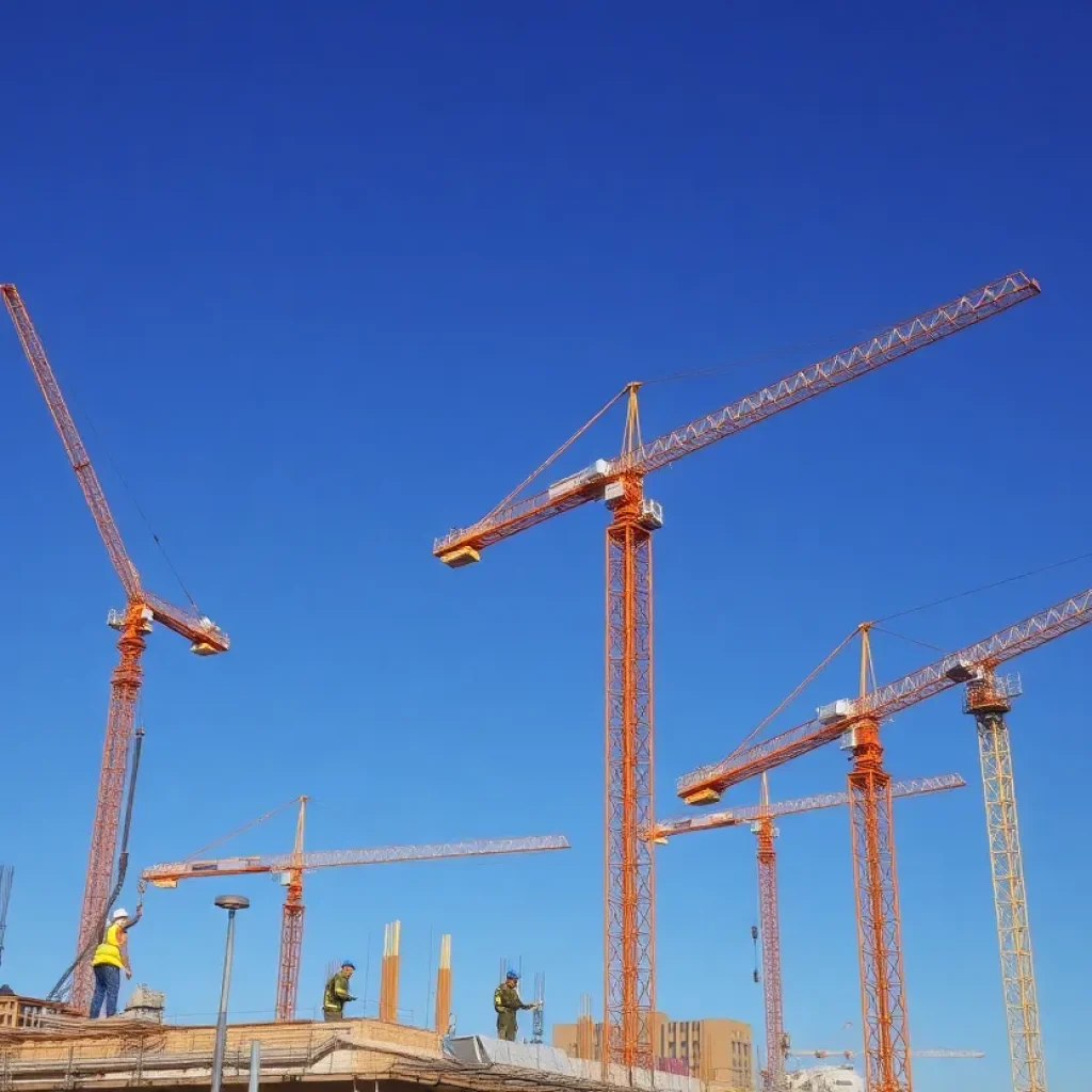 Construction site in Phoenix with workers and cranes