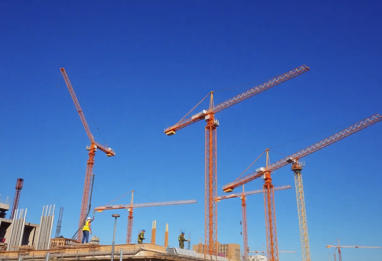 Construction site in Phoenix with workers and cranes