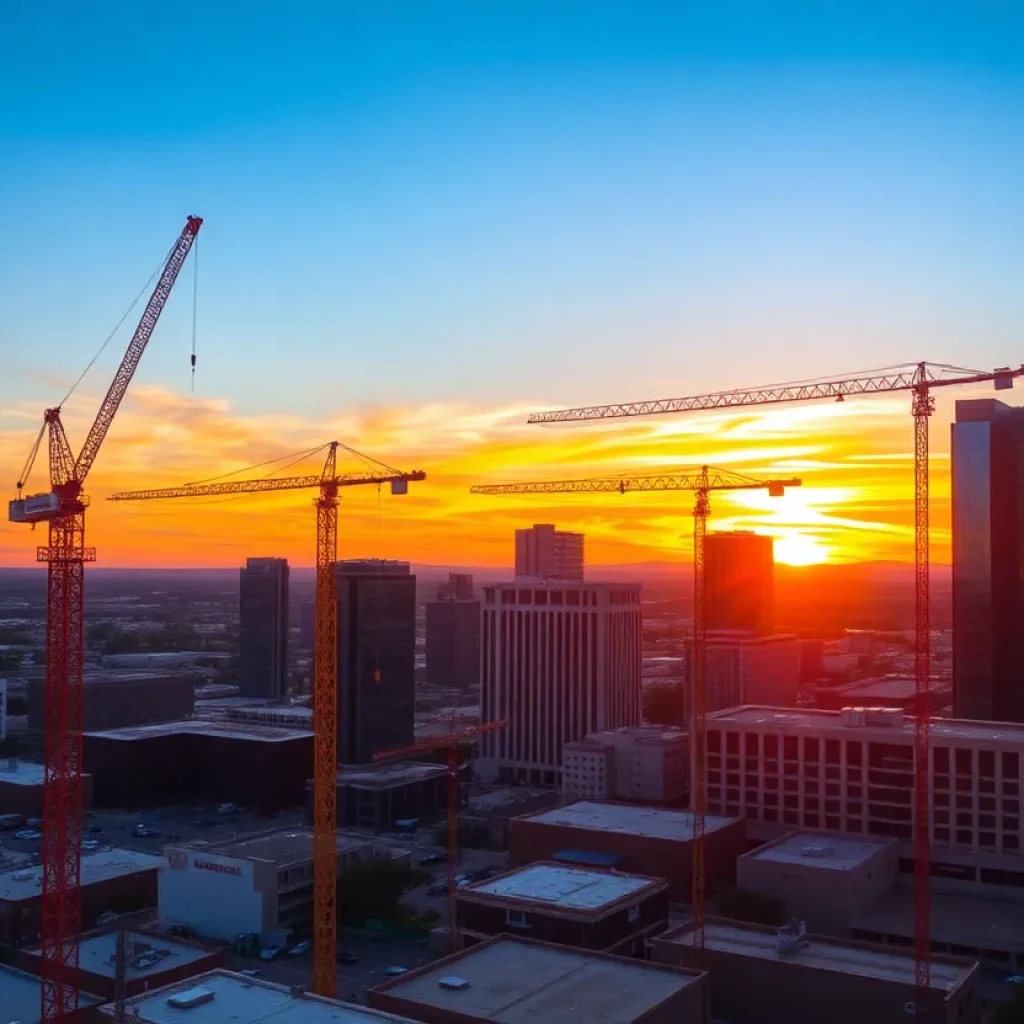 Construction sites in Phoenix during sunset with cranes and buildings under development.
