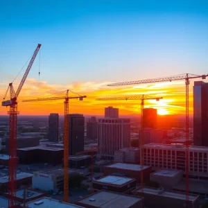Construction sites in Phoenix during sunset with cranes and buildings under development.