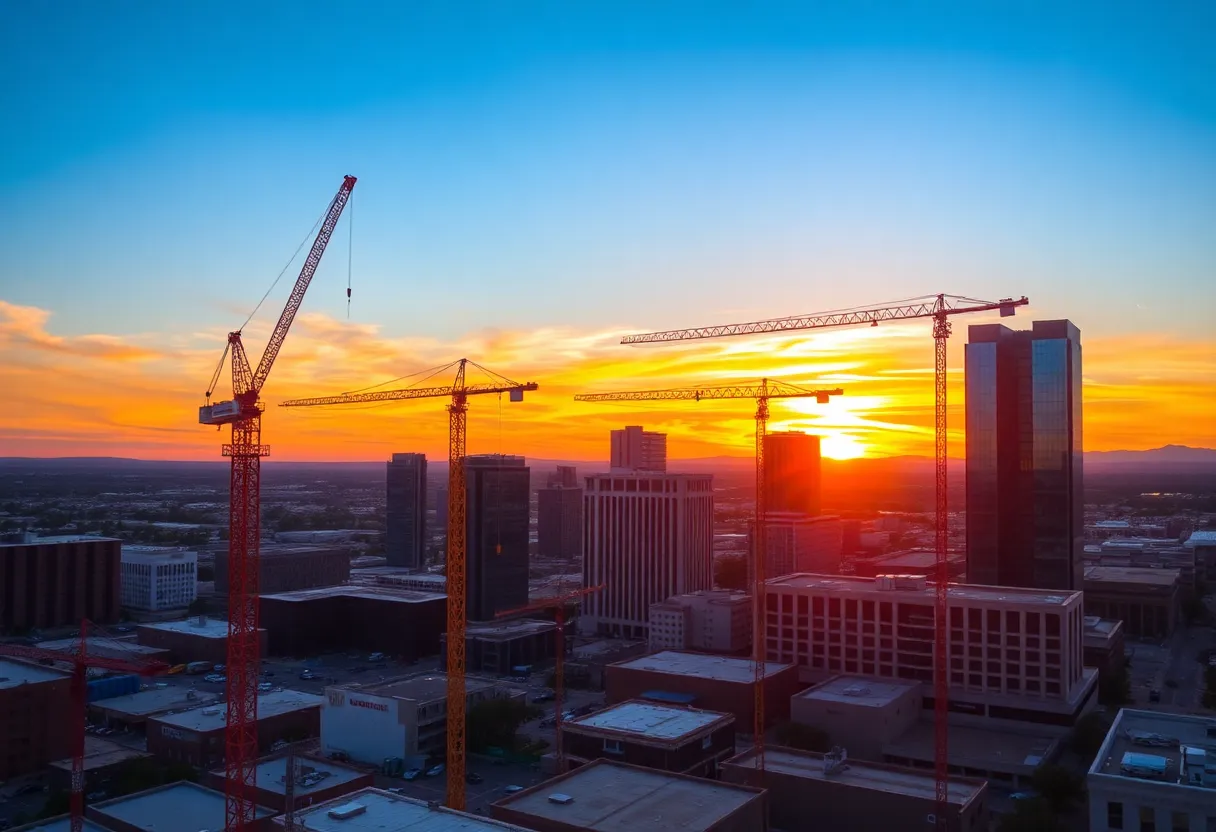 Construction sites in Phoenix during sunset with cranes and buildings under development.
