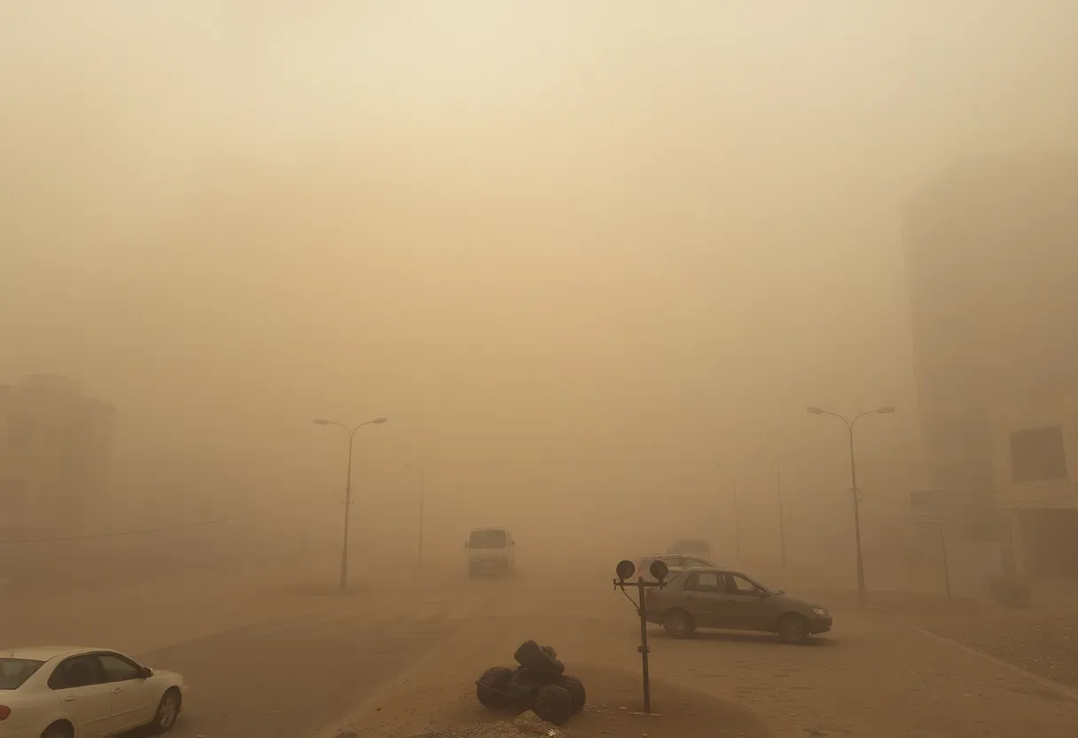 Dust storm engulfing a city street with decreased visibility