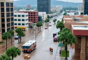 Emergency response teams in Phoenix navigating flooded streets during flash flooding.