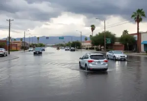 Flooded streets with submerged vehicles in Phoenix