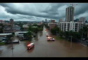 Aerial view of flooded streets in Phoenix due to severe rainfall.