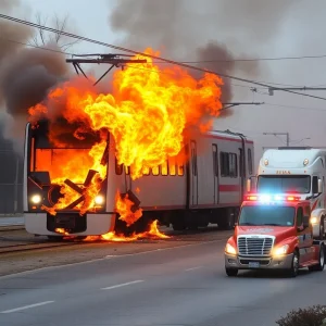 Light rail on fire after a collision with a semi-truck in Phoenix.
