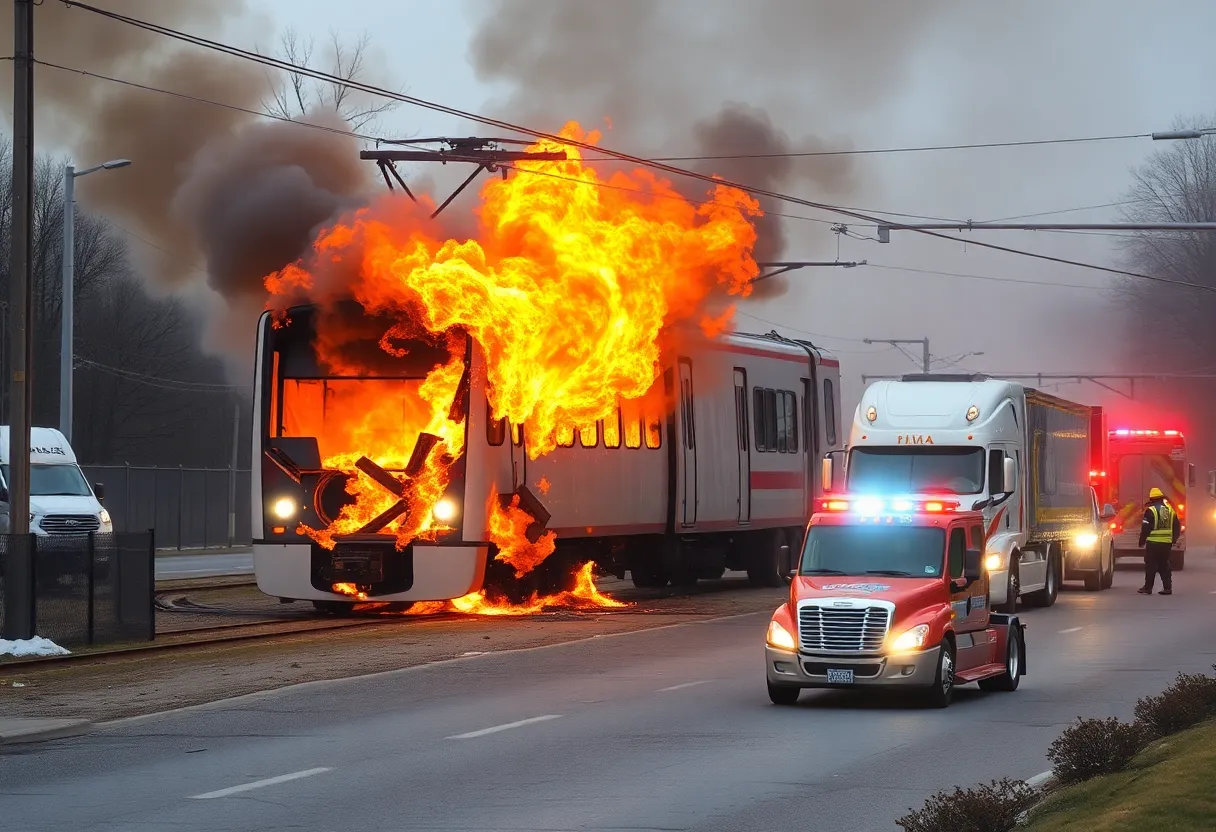 Light rail on fire after a collision with a semi-truck in Phoenix.