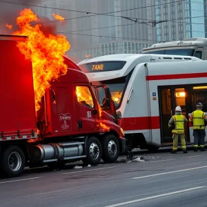 Fire and smoke from the collision of a tractor trailer and light rail in Phoenix.
