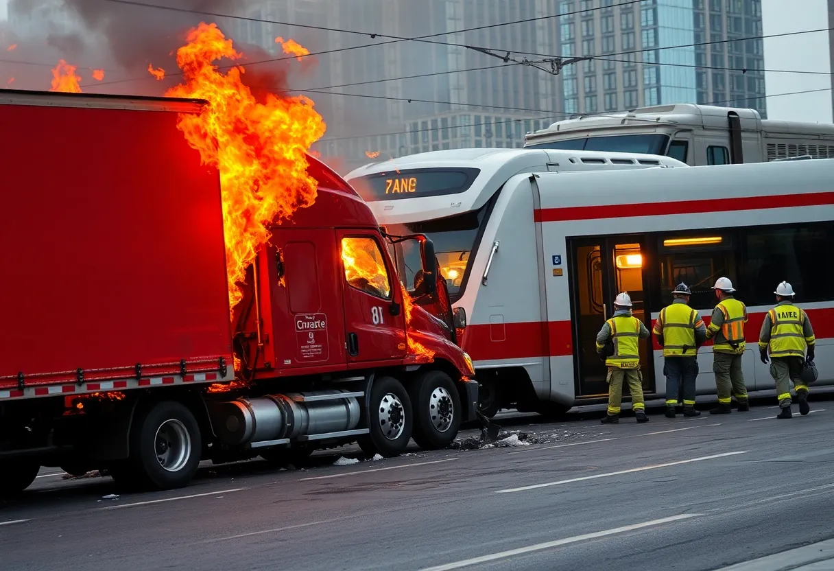 Fire and smoke from the collision of a tractor trailer and light rail in Phoenix.