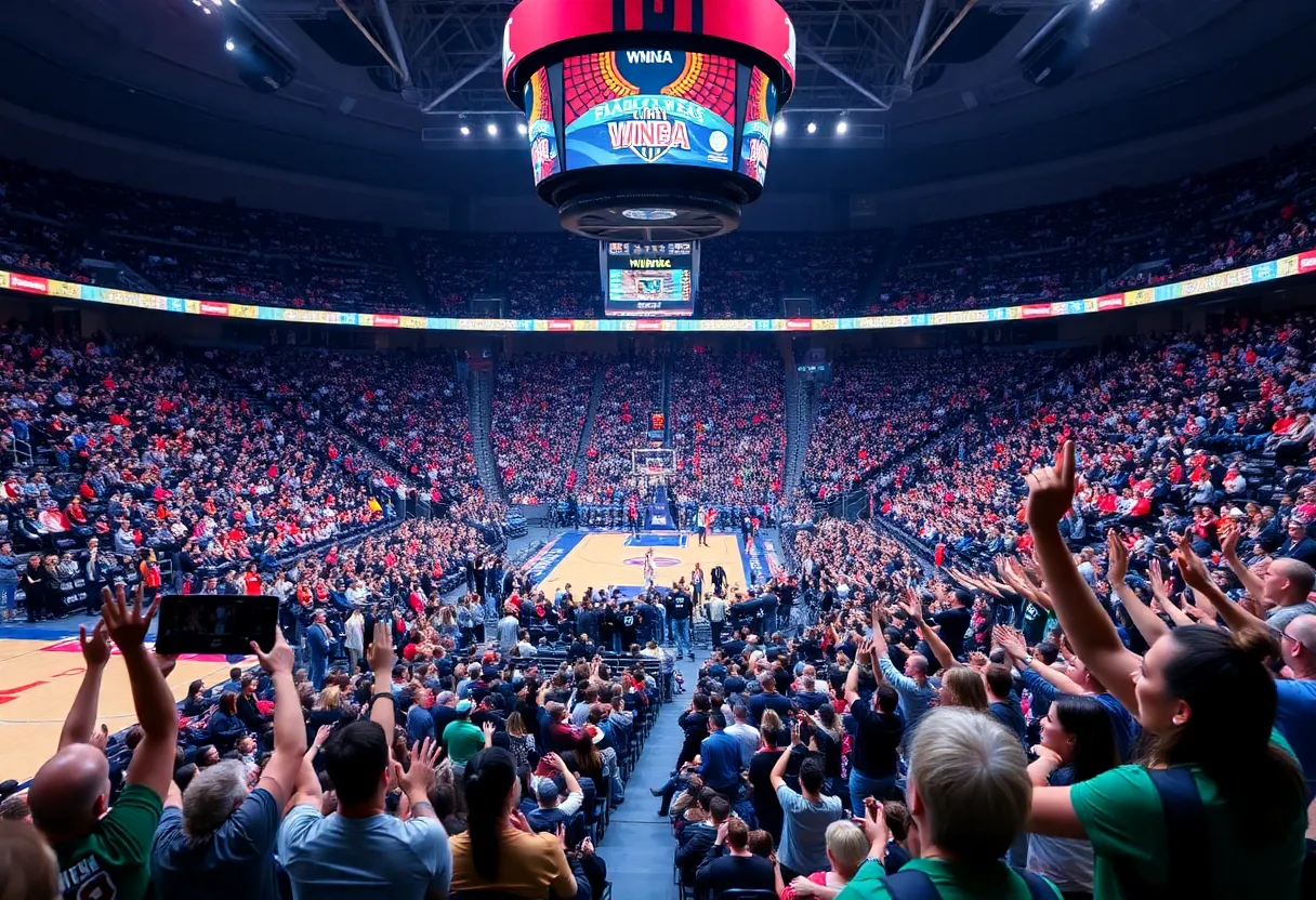 Fans cheering in the Phoenix Mercury arena during WNBA playoffs.