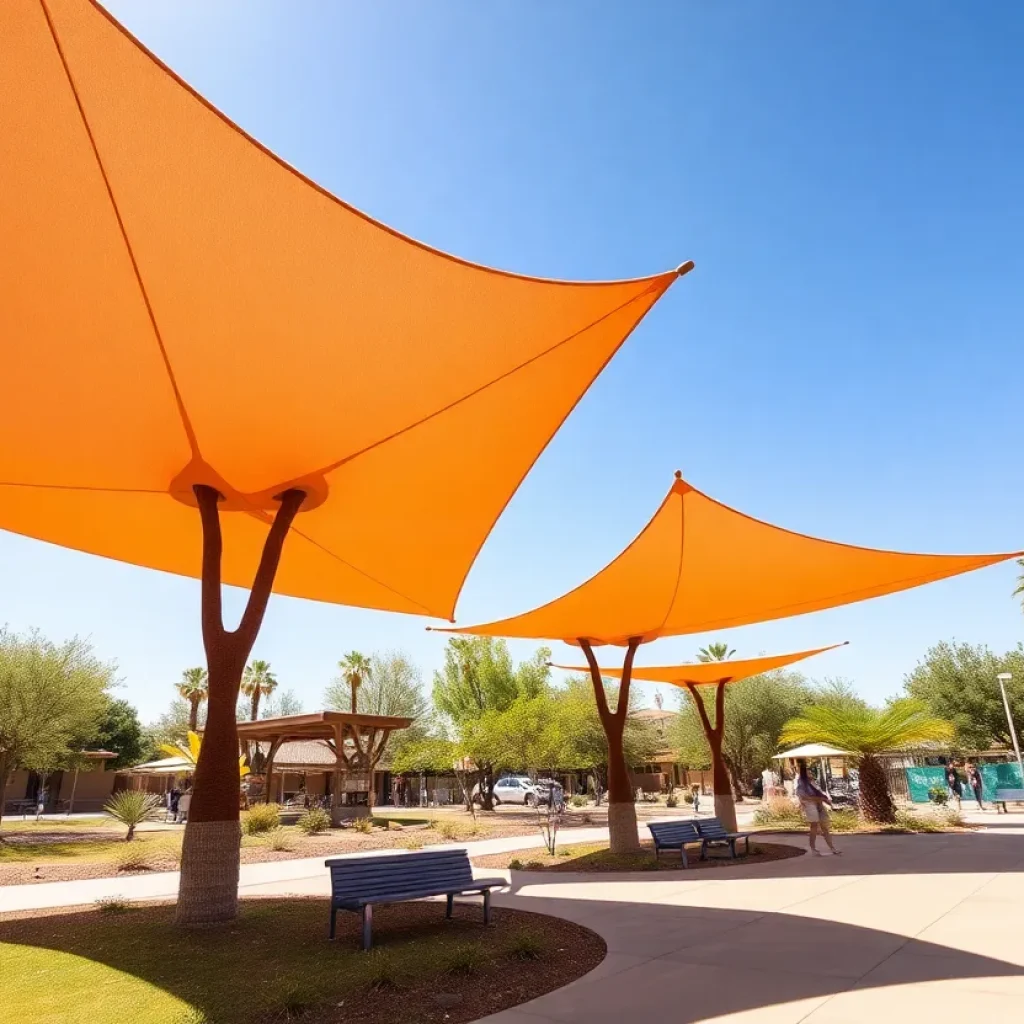 Shade installations in Phoenix by local artists providing relief from urban heat