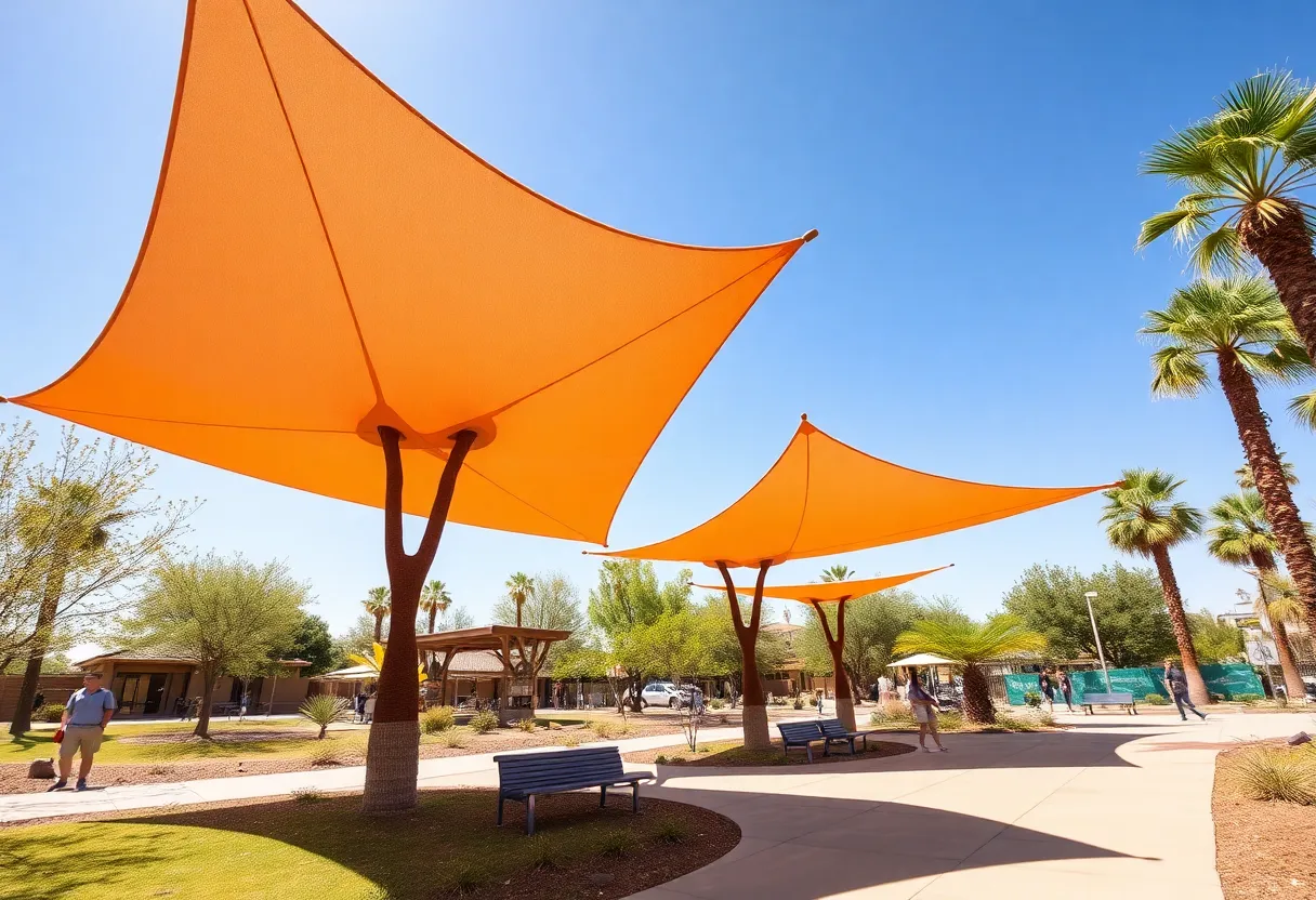 Shade installations in Phoenix by local artists providing relief from urban heat