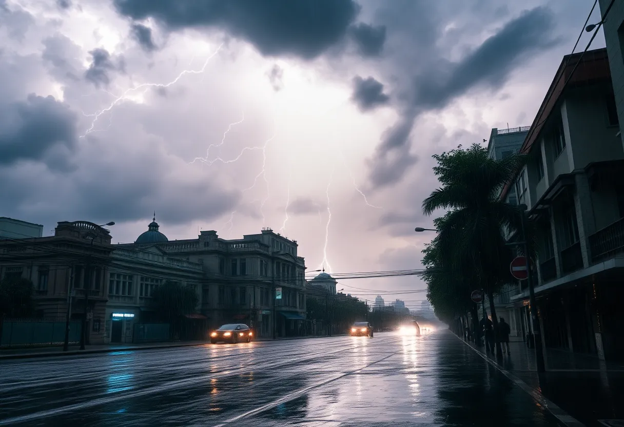 Storm clouds and rain over Phoenix streets during severe weather