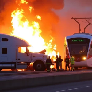 Scene of a tractor-trailer and light rail train accident in Phoenix with fire and emergency response.